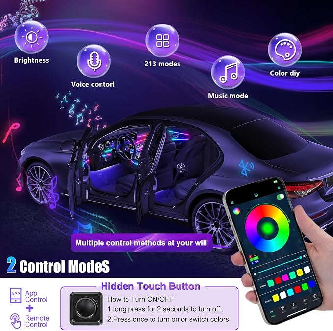 Dreamcolor Acrylic Interior Car LED Strip Light with Wireless APP, RGB 22 in 1 with 175 inches 600 LEDs Fiber Optic Car Ambient Lighting Kits, Music Sync Function Neon LED Strip for Car Accessories