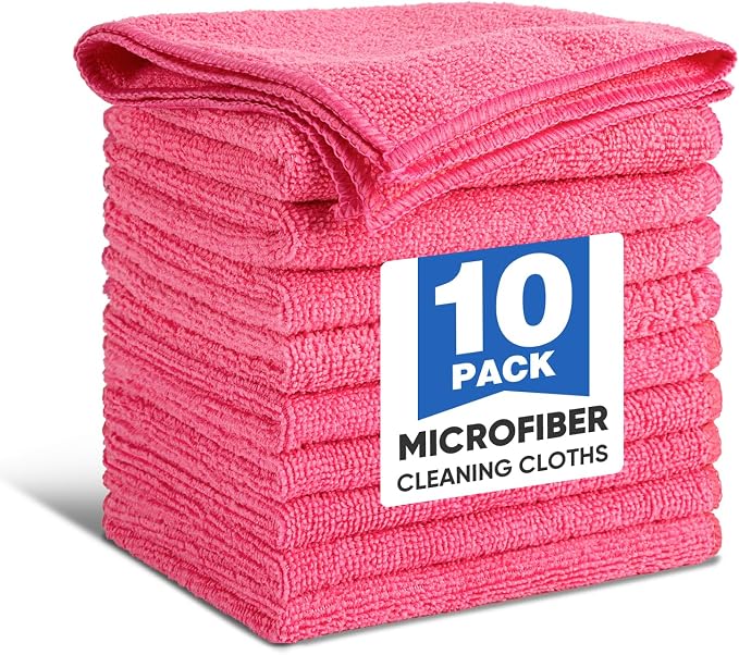 TEAWOO 10 PCS Pink Microfiber Cleaning Cloths, Highly Absorbent Microfiber Towels for Car, Kitchen, Bathroom and Household Cleaning, 11.8" X11.8