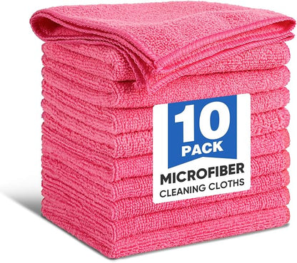 TEAWOO 10 PCS Pink Microfiber Cleaning Cloths, Highly Absorbent Microfiber Towels for Car, Kitchen, Bathroom and Household Cleaning, 11.8" X11.8