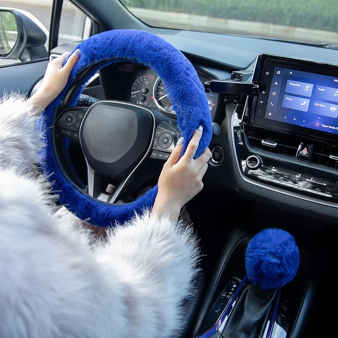 SEG Direct Furry Car Steering Wheel Cover with Fluffy Gear Shift Cover Soft Warm Non-Slip Car Decoration for Men Women Girls 2 PCS Set, Blue