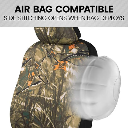 BDK Hunter Camo Car Seat Covers Full Set with Camo Steering Wheel Cover and Seat Belt Cover Pad – Forest Camouflage Pattern, Automotive Front Seat & Bench Back Seat Cover for Cars Trucks SUV