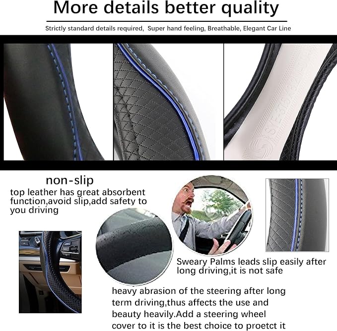 ESEWALAS Universal Car Steering Wheel Cover,Anti-Slip Leather Steering Wheel Cover,Sports Style Steering Wheel Protector,Car Interior Accessories Auto Steering Wheel Covers (Black with Blue)