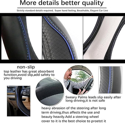 ESEWALAS Universal Car Steering Wheel Cover,Anti-Slip Leather Steering Wheel Cover,Sports Style Steering Wheel Protector,Car Interior Accessories Auto Steering Wheel Covers (Black with Blue)