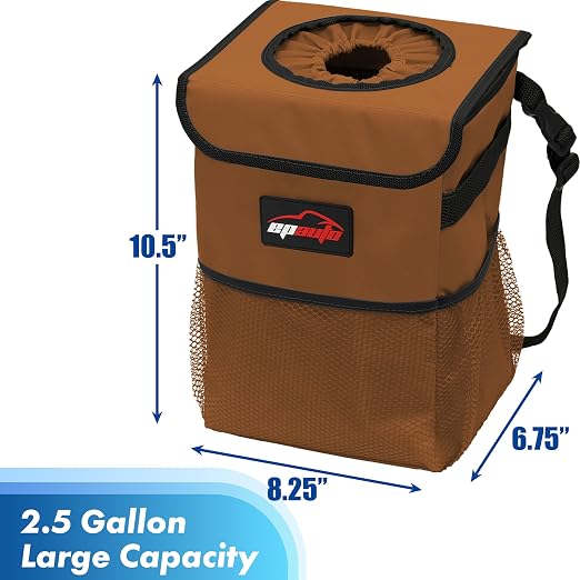EPAuto Waterproof Car Trash Can with Lid and Storage Pockets, 2.5 Gallon Leakproof, Brown
