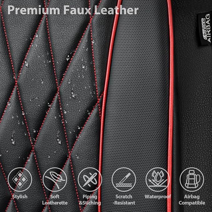 CAR PASS Piping Luxury PU Leather Two Front Car Seat Covers, Waterproof Anti Slip Seat Covers Compatible with Front Seat Armrests,Universal Fit for Suvs,Vans,Trucks,Airbag Compatible(Black and Red)