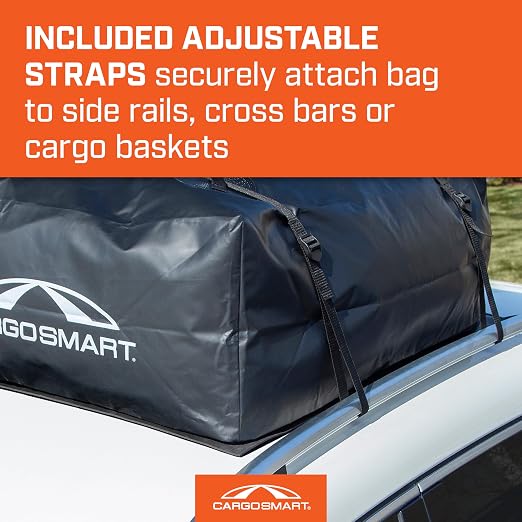 CARGOSMART CargoSmart Soft Sided Car Top Cargo Bag, 38”x38”x18” – Adds up to 15 Cubic Feet of Storage – Easily Mounts to Vehicle’s Roof Rack or Roof Top Basket – Heavy-Duty Vinyl, Black