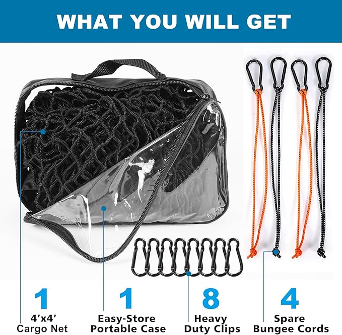Cargo Net for Pickup Truck Bed, Highly Elastic Truck Bed Cargo Net, 4' X 4' Stretchable to 8' X 8', Cargo Mesh Organizer, for Daily Light Loads of Trucks