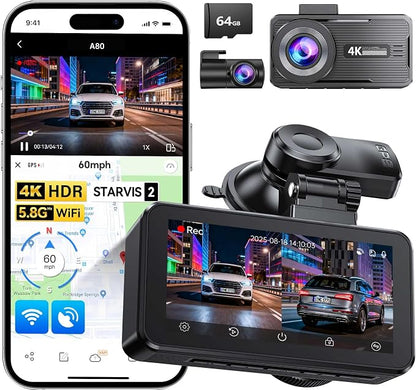 JOMISE 4K Dual Dash Cam Front and Rear,Dashcam for Cars with 3.2" Touchscreen, 64GB Card, GPS & 5.8GHz WiFi, Enhanced Night Vision, Parking Mode, Button & Touch Control, Support 256GB Max A80-T