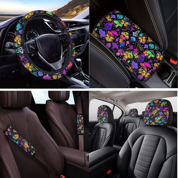 14 Pcs Mushroom Car Seat Covers Full Set with Auto Steering Wheel Cover Armrest Cushion Protector Seat Belt Covers,Rianbow Mushroom Auto Accessories,Universal Fit Cars SUV Trucks