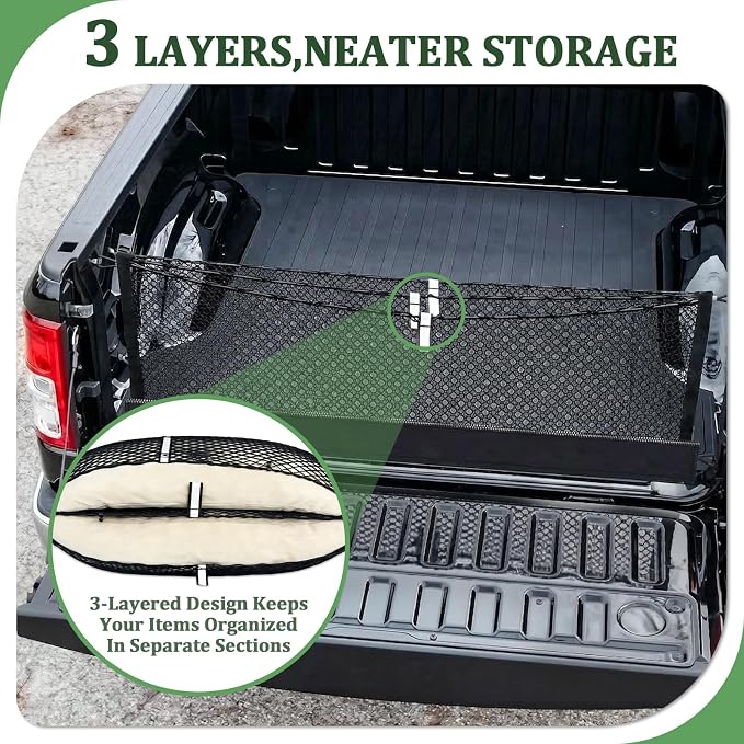 3-Layer Cargo Net for Toyota Tacoma 2005-2026, Zipper Bag Truck Bed Net for Groceries, Heavy Duty Oxford Cargo Organizer Storage Nets with Carabiners