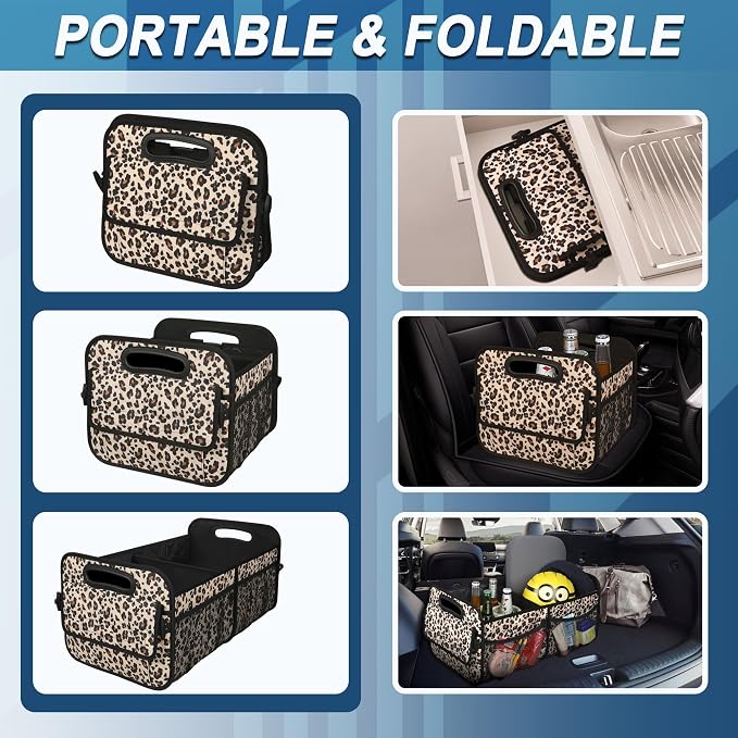 Deosk Trunk Organizer and Storage with Reinforced Handles,Car Accessories for Women/Men 50L Waterproof Polyester Trunk Organzier for Car/SUV/Minivan/Truck(Medium,Leopard print)