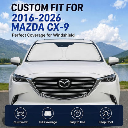 Windshield Sun Shade Sunshade for Mazda CX9 CX-9 2016-2026 | Custom Fit Windshield Cover, Blocks UV Rays, Double-Layer Heat Shield, Durable Frame, Easy Fold & Storage
