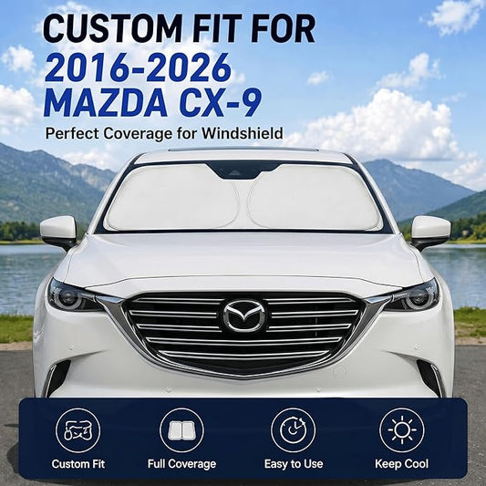 Windshield Sun Shade Sunshade for Mazda CX9 CX-9 2016-2026 | Custom Fit Windshield Cover, Blocks UV Rays, Double-Layer Heat Shield, Durable Frame, Easy Fold & Storage
