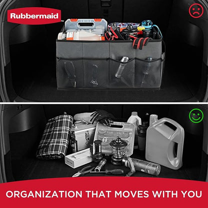 Rubbermaid Car Organizer, Collapsible Trunk Organizer, Multi-Compartment Car Storage Organization for Car Accessories, 2 Compartments-Gray