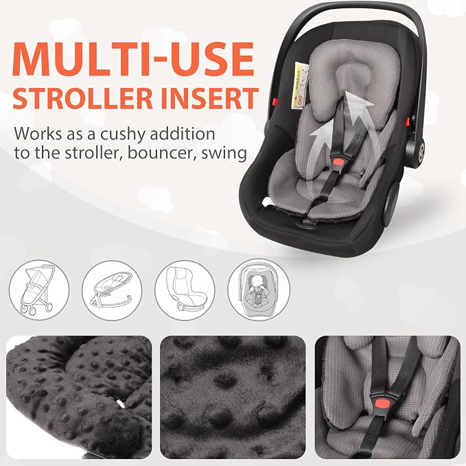 Infant Carseat Insert, 2-in-1 Reversible Baby Car Seat Cushion for Newborn Toddler Head & Body Support Car Seat Pad for Carseats, Strollers, Swings, Bouncers(Black)