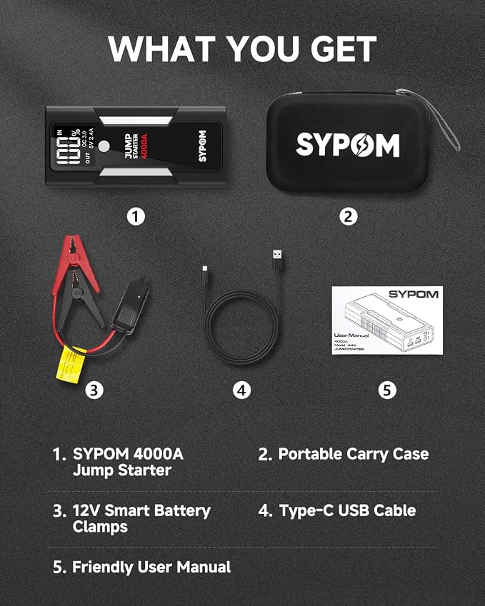 Portable Jump Starter, 4000A Peak Car Battery Charger, 12V Jump Box for Truck up to 10L Diesel, Motorcycle, Dual USB, LED Light, Great Battery Jumper for Road Side Emergency Kit for Car