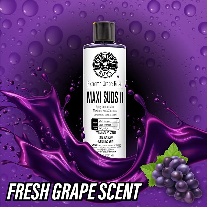 Chemical Guys CWS/1010/64 Maxi-Suds II Foaming Car Wash Soap (Works with Foam Cannons, Foam Guns or Bucket Washes) Safe for Cars, Trucks, Motorcycles, RVs & More, 64 fl. Oz (Half Gallon), Grape Scent