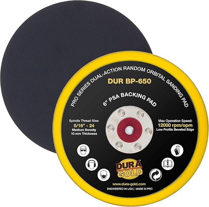 Dura-Gold Pro Series 6" PSA DA Sander Backing Plate Pad - Flexible Low Profile Edge, Dual-Action Random Orbital Sanding Pad, Vinyl Faced For Self-Adhesive Stickyback Sandpaper Discs - Auto Woodworking