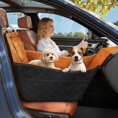 Elevated Dog Car Seat, Dog Booster Car Seats for Small & Medium Breeds Up to 35lbs, Fully Detachable and Washable, Soft Foam Pet Carseat with 2 Storage Pockets & 3 Safety Belts, Black + Brown