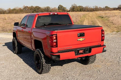 Rough Country Hard Tri-Fold Truck Bed Tonneau Cover for Chevy Silverado & GMC 1500/2500HD/3500HD (2014-2019) - Aluminum Flip-Up Bed Cover, Fits 6'7 (78.8-78.9") Bed w/Rail Caps