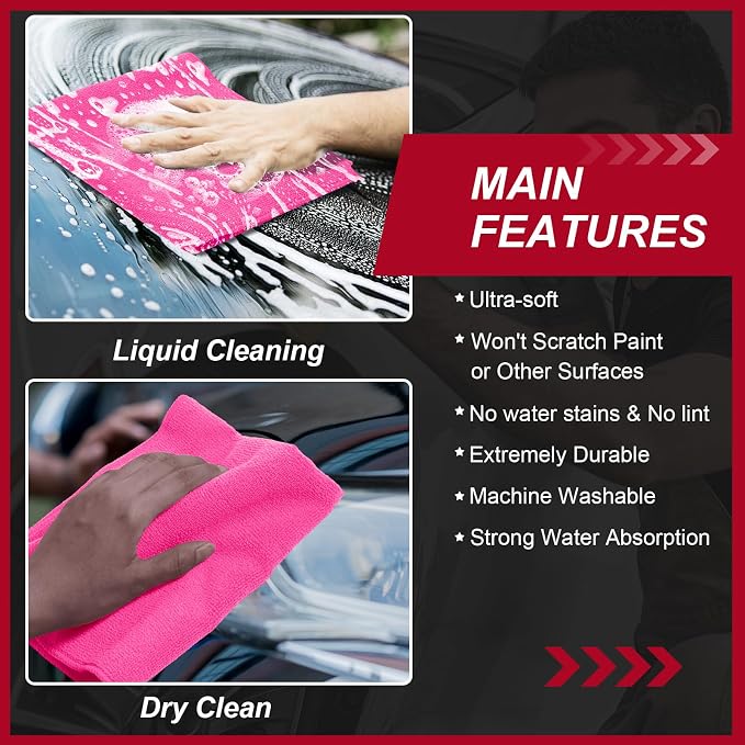 Oudain 200 Pcs Microfiber Cleaning Cloth 16x16 Inch Microfiber Towels for Car Ultra Absorbent Cleaning Rags Reusable Lint Free Streak Free Detailing Towel for Car Washing Drying Dusting (Pink)