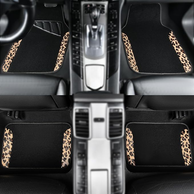 CAR PASS Waterproof Universal Fit Car Floor Mats, Leopard Print Car Mats Fit for SUV,Vans,sedans, Trucks,Set of 4pcs Car Carpet with Driver Heel Pad and Nibs Backing,for Cute Women Girl Brown Leopard