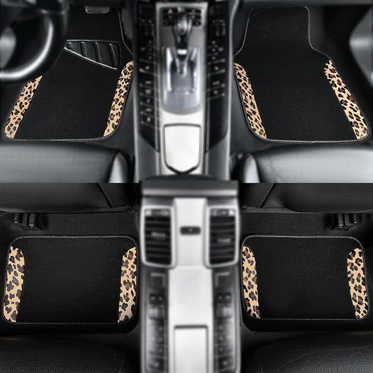 CAR PASS Waterproof Universal Fit Car Floor Mats, Leopard Print Car Mats Fit for SUV,Vans,sedans, Trucks,Set of 4pcs Car Carpet with Driver Heel Pad and Nibs Backing,for Cute Women Girl Brown Leopard