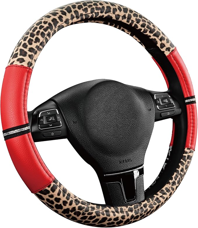 Road Comforts Leopard Steering Wheel Cover for Women, Cute Anti-Slip Microfiber Leather, Universal Fit 14.5-15 Inch Round Steering Wheel - Red