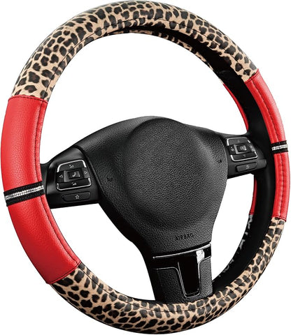Road Comforts Leopard Steering Wheel Cover for Women, Cute Anti-Slip Microfiber Leather, Universal Fit 14.5-15 Inch Round Steering Wheel - Red