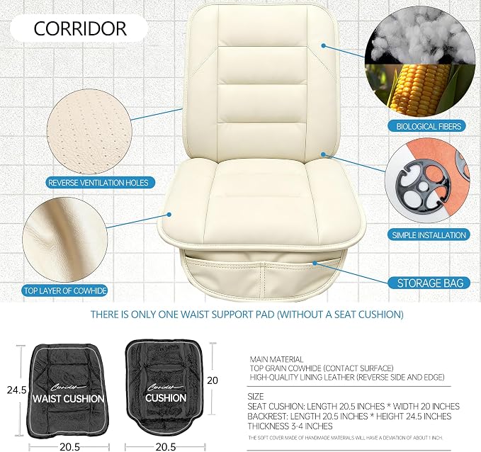 CORRIDOR Genuine Leather Seat Cushion for Car - Handmade - Relieve Hip, Pressure and Sciatica Pain - Ideal for Lower Back Pain - for Office Chair and Car Seat (Off White, Backrest)