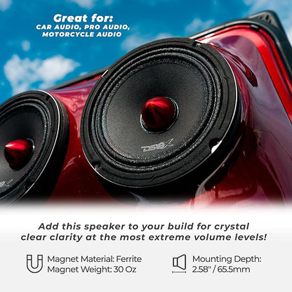 DS18 PRO-X6.4BM Loudspeaker - 6.5", Midrange, Red Aluminum Bullet, 500W Max, 250W RMS, 4 Ohms - Premium Quality Audio Door Speakers for Car or Truck Stereo Sound System (1 Speaker)