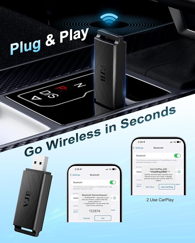 VJB Wireless CarPlay & Android Auto Adapter Dongle for iPhone & Android, Wired to Wireless Converter, Plug and Play USB Car Accessory, Fast Auto-Connect for 2016+ Vehicles (iOS 10+, Android 10+)