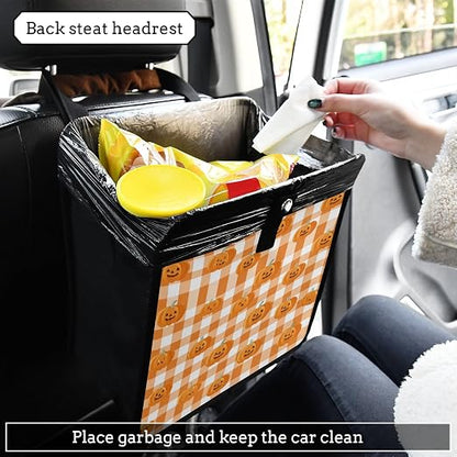 Car Trash Can Organizer Bin with Adjustable Strap for Back Front Seat Console Waterproof Leakproof Collapsible Portable 8.66 Inch Halloween Orange Plaid Pumpkin Heads