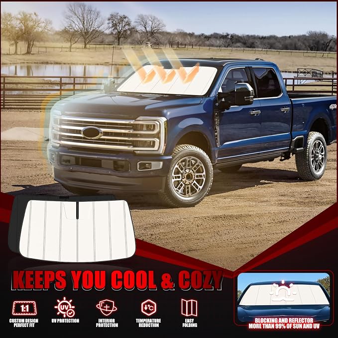 Windshield Sun Shade for Ford F250/F350/F450/F550/F600 Super Duty 2023-2026, Front Window Visor Accessories, Folding Design Blocks Heat & UV Rays Maintain Cool Interior and Save Space