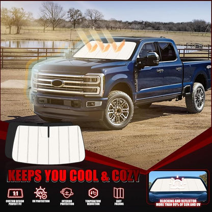 Windshield Sun Shade for Ford F250/F350/F450/F550/F600 Super Duty 2023-2026, Front Window Visor Accessories, Folding Design Blocks Heat & UV Rays Maintain Cool Interior and Save Space
