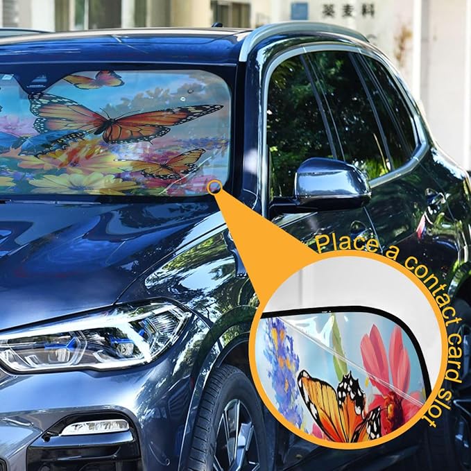 Cars Front Sun Shade Windshield,Foldable Reflective Sun Visor Colorful Flower Butterfly Windshield Sunshade Cover,Blocks UV Ray Sun Protect Interior Keep Cool,53" x 23.5 "