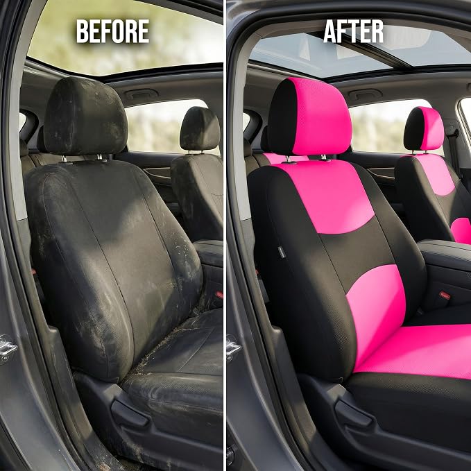FH Group Bright Flat Cloth Full Set Automotive Seat Covers Front Set and Rear Solid Bench Pink Black Seat Covers w. Gift Universal Fit Interior Accessories for Cars Trucks and SUVs