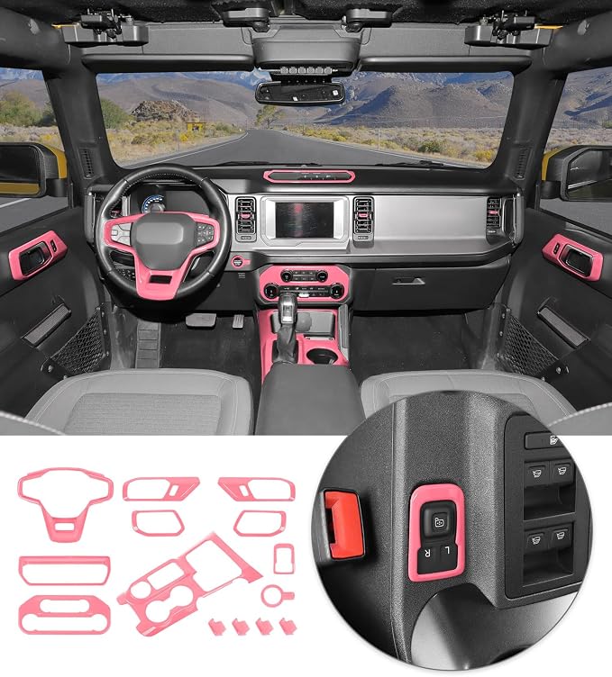 JWWY Interior Trim Kit Full Set Dress-Up Kit Decor Set Center Console Gear Shift Dashboard Panel Door Handle AC Rearview Vent Adjustment Cover Trim for 2021-2026 Ford Bronco Accessories 14pcs Pink