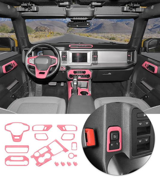 JWWY Interior Trim Kit Full Set Dress-Up Kit Decor Set Center Console Gear Shift Dashboard Panel Door Handle AC Rearview Vent Adjustment Cover Trim for 2021-2026 Ford Bronco Accessories 14pcs Pink
