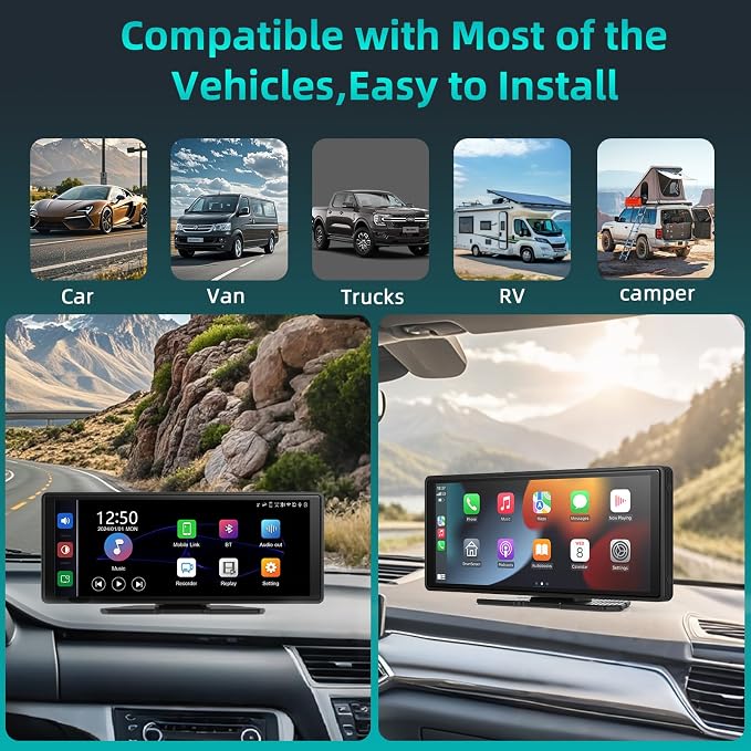 Portable CarPlay Screen for Car 10.26" HD IPS Touchscreen with 4K Dash Cam Front and Rear, 1080P Backup Camera Wireless Carplay & Android Auto Car Audio Receivers