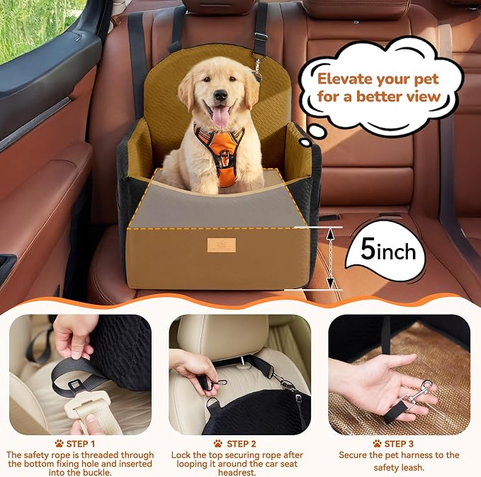 Dog Car Seat for Medium/Small Dogs, Dog Booster Car Seat, Pet Booster Seats Up to 40lbs with Waterproof Layer, 3 Storage Pockets and Safety Belt (Black/Brown)