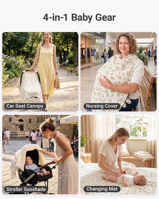 Metplus 100% Muslin Car Seat Cover Baby & Nursing Cover, Soft Breathable Infant Carseat Canopy for Summer, Stroller & Carrier Sunshade for Boys Girls (Flowers)