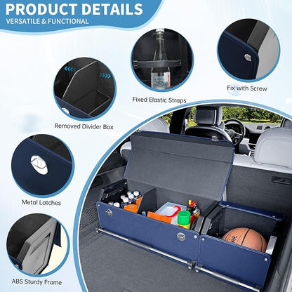 Car Trunk Organizer, Leather Trunk Organizer for SUV with Lid and Sturdy Handle Collapsible Adjustable Storage (Blue, 41 x 11.4 x 12.2in)
