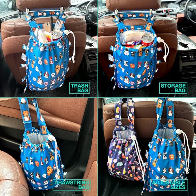 Leak-Proof Waterproof Car Trash Bag Foldable Multipurpose Trash bin Container Storage Cute Grocery Organizer Bag for Automotive Front or Back Seat in Cars SUVs and Trucks (Dog Family)