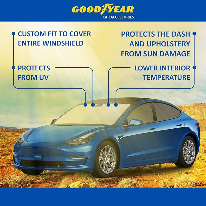 Goodyear Foldable Windshield Sunshade for Tesla Model 3 2017-2026, Car Accessories, Sunshade Cover, Sun Shade Car Windshield, Window Sun Blocker - GY008286