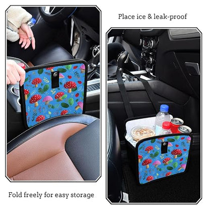 Car Trash Can Organizer Bin with Adjustable Strap for Back Front Seat Console Waterproof Leakproof Collapsible Portable 8.66 Inch Bright Blue Mushrooms Leaves and Ladybugs