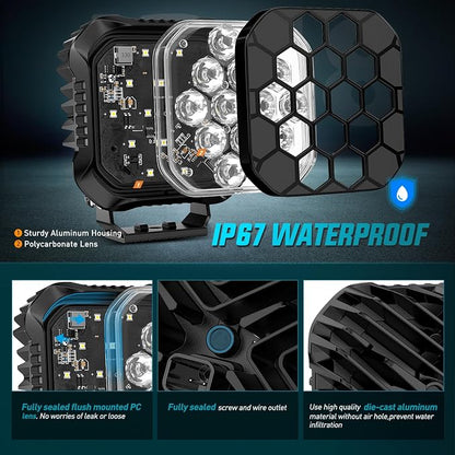 Nilight LED Pod Light 2 PCS 4.4 Inch 70 W 14 LED Square Hyper Spot Beam Offroad Driving Lights w/14 AWG Rocker Switch Wiring Harness Kit for Truck Motorbike Boat ATV UTV
