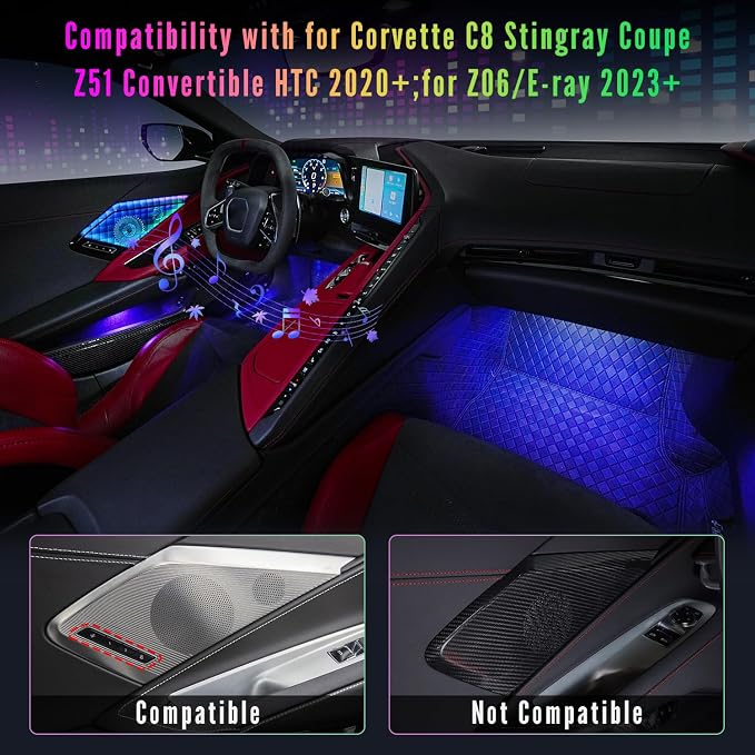 Door Speaker Relays Cover Trim w/Neon Accent Lights fit for C8 Corvette 2019-2024,LED Ambient Foot Lights,Atmosphere Door Storage Box Lamps,Voice APP Button Switching Control,RGB