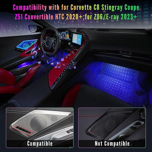 Door Speaker Relays Cover Trim w/Neon Accent Lights fit for C8 Corvette 2019-2024,LED Ambient Foot Lights,Atmosphere Door Storage Box Lamps,Voice APP Button Switching Control,RGB
