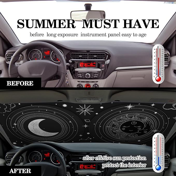 Windshield Sun Shade Foldable Car Front Window Covers for Car Accessories Sun Heat UV Rays Visor Protector Protection for Universal Cars SUV Truck (Sun Moon)